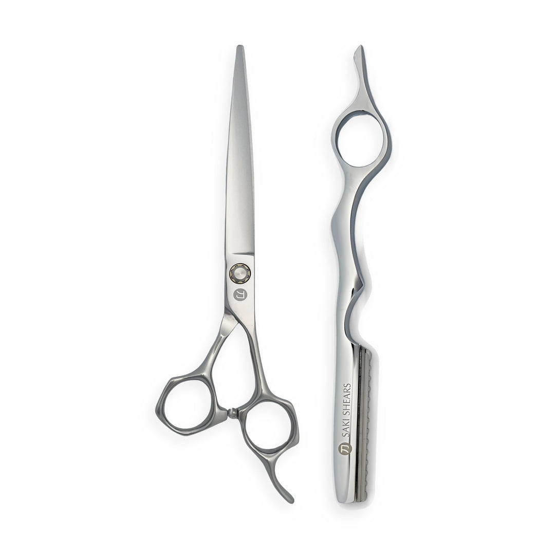Musashi 7" Hair Cutting Shears & Matching Razor Set — Silver